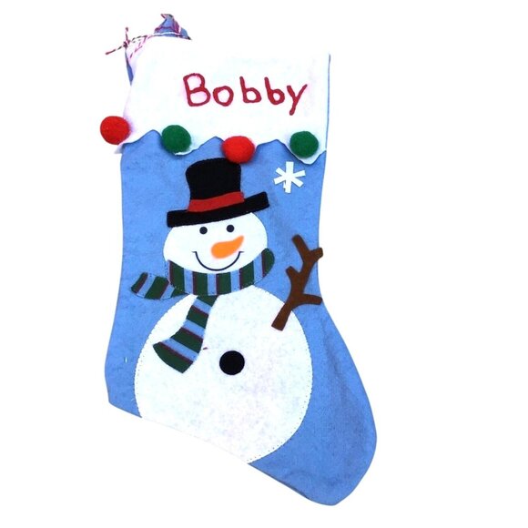 BLUE/WHITE SNOWMAN CHRISTMAS STOCKING "BOBBY" EMBELLISHED ON TOP SIZE-16" - Picture 1 of 4